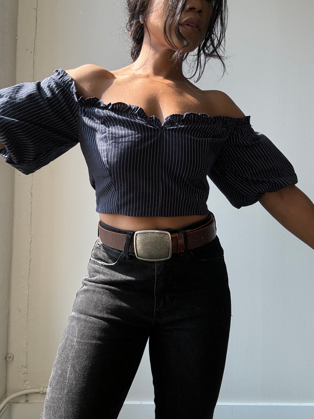 Lori Cold Shoulder Pinstripe Puff Sleeve Crop Top In Navy