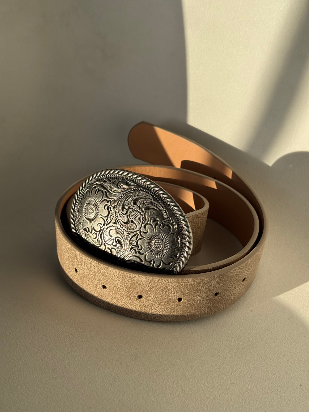 Patricia Buckle Taupe Belt In Antique Silver