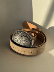 Patricia Buckle Taupe Belt In Antique Silver