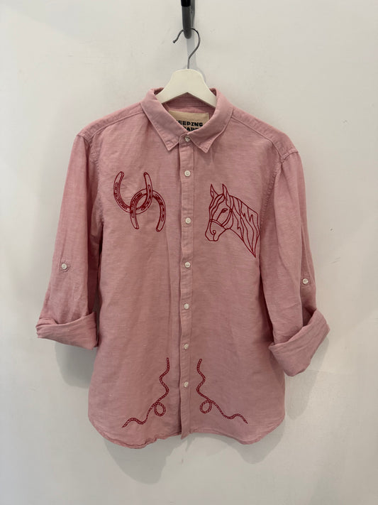 Jaxson Handcrafted Embroidered Button Down Linen Shirt In Blush