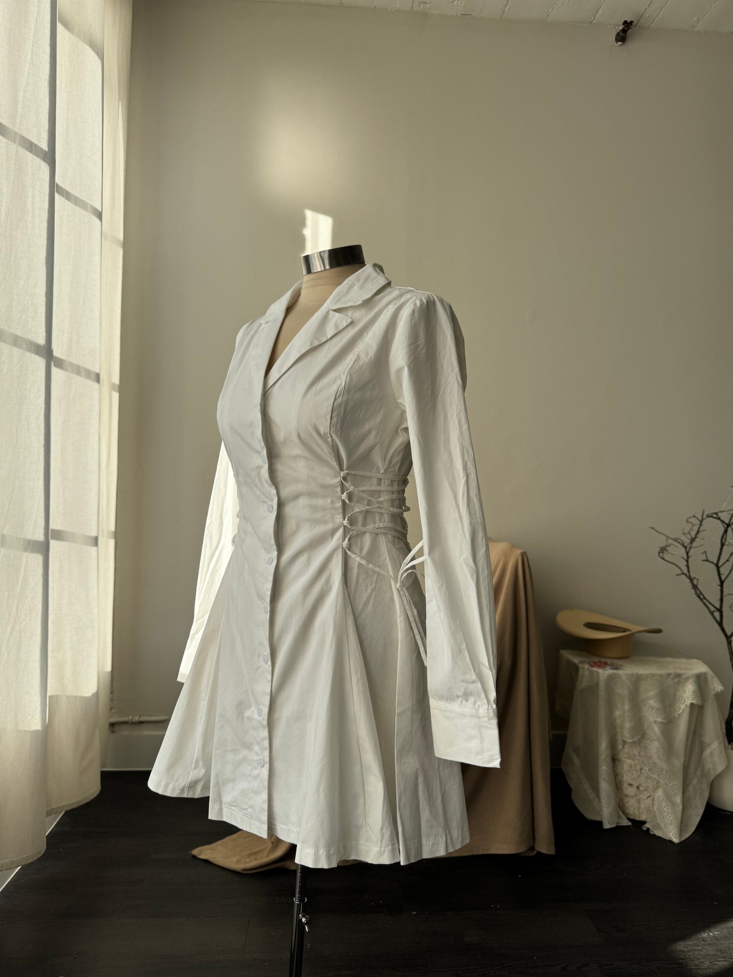 Loran Cotton Side Corset Button Down Long Sleeve Dress In White