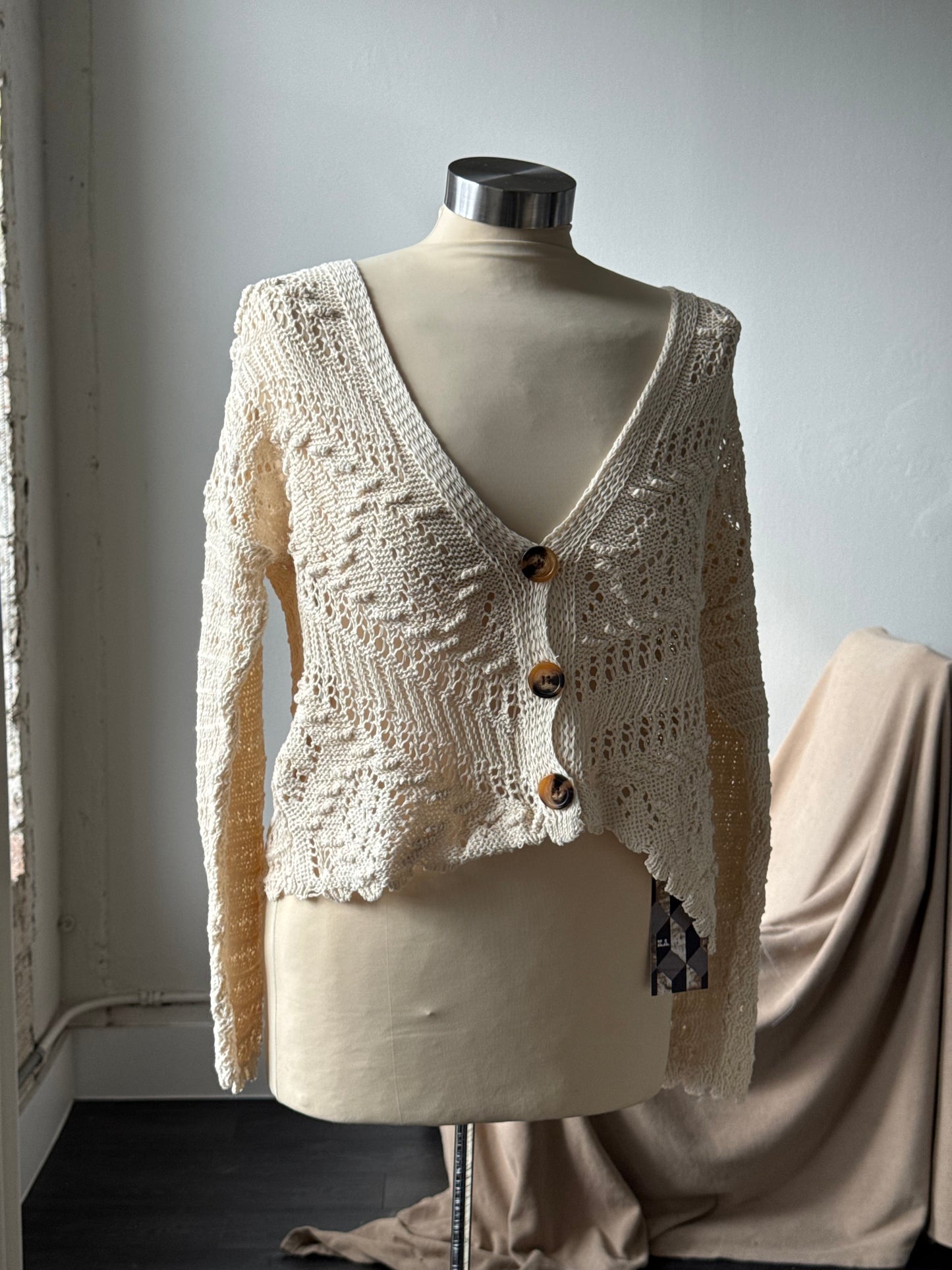 Charlie Cotton Crochet Spring & Summer Cardigan In Natural