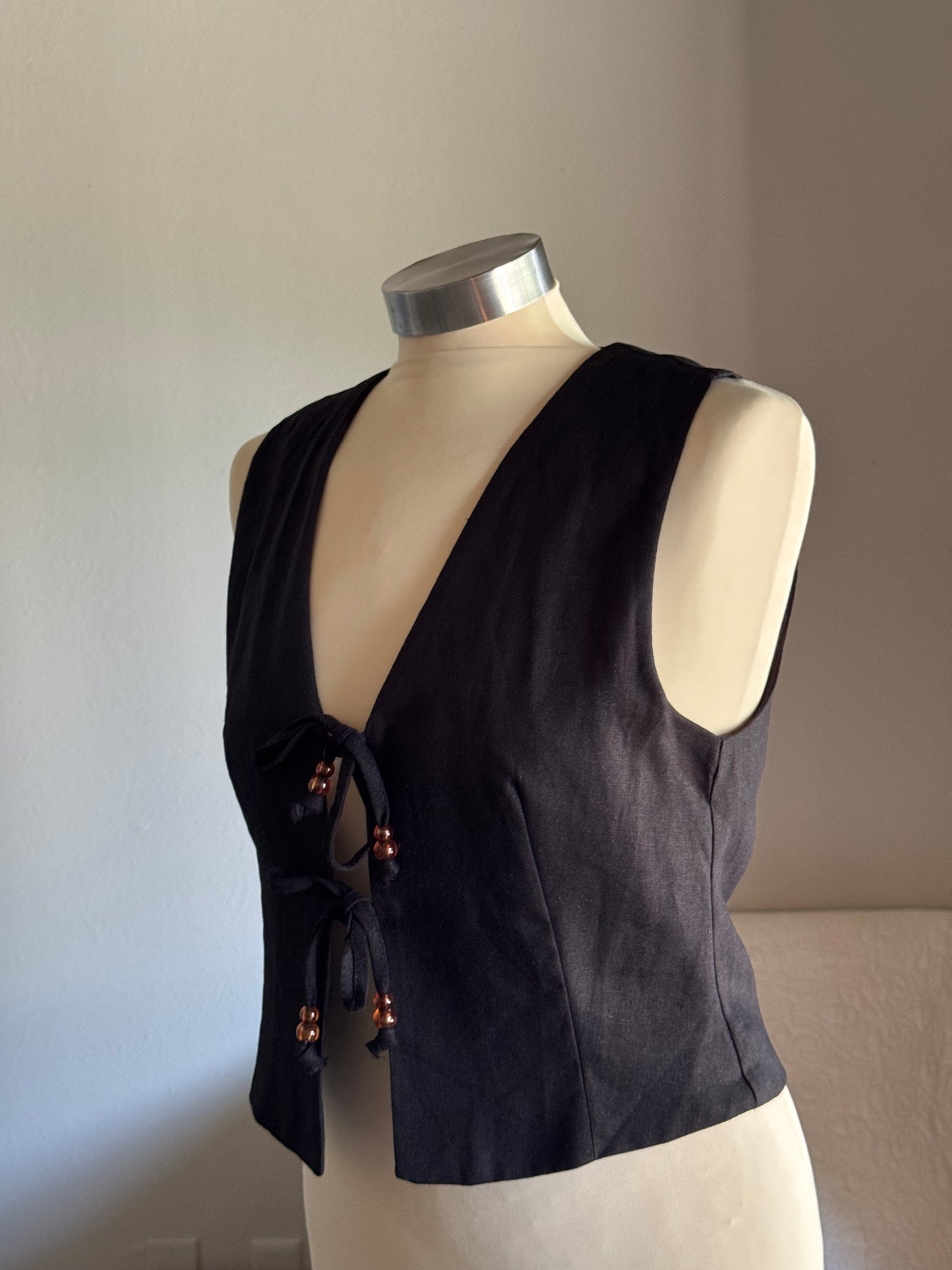 Jolene Linen Tie Front Bead Vest In Black
