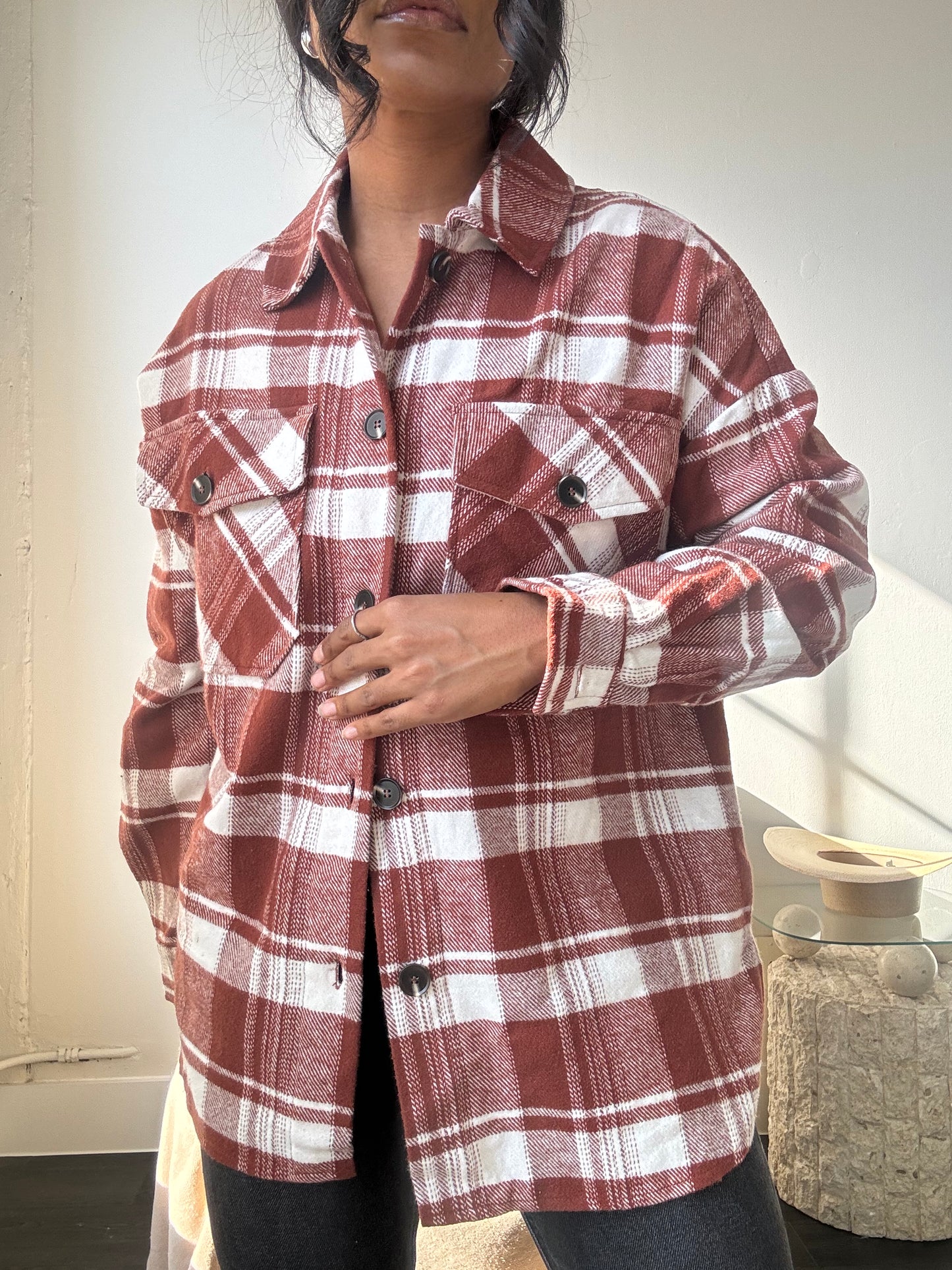 Austin Cotton Classic Plaid Shacket In Brick