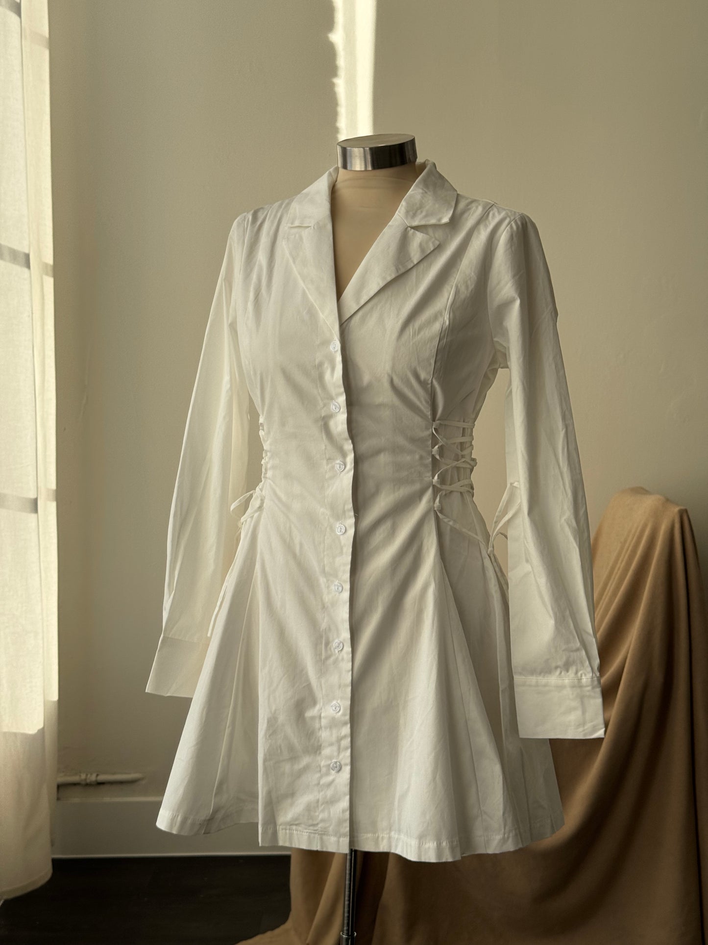 Loran Cotton Side Corset Button Down Long Sleeve Dress In White