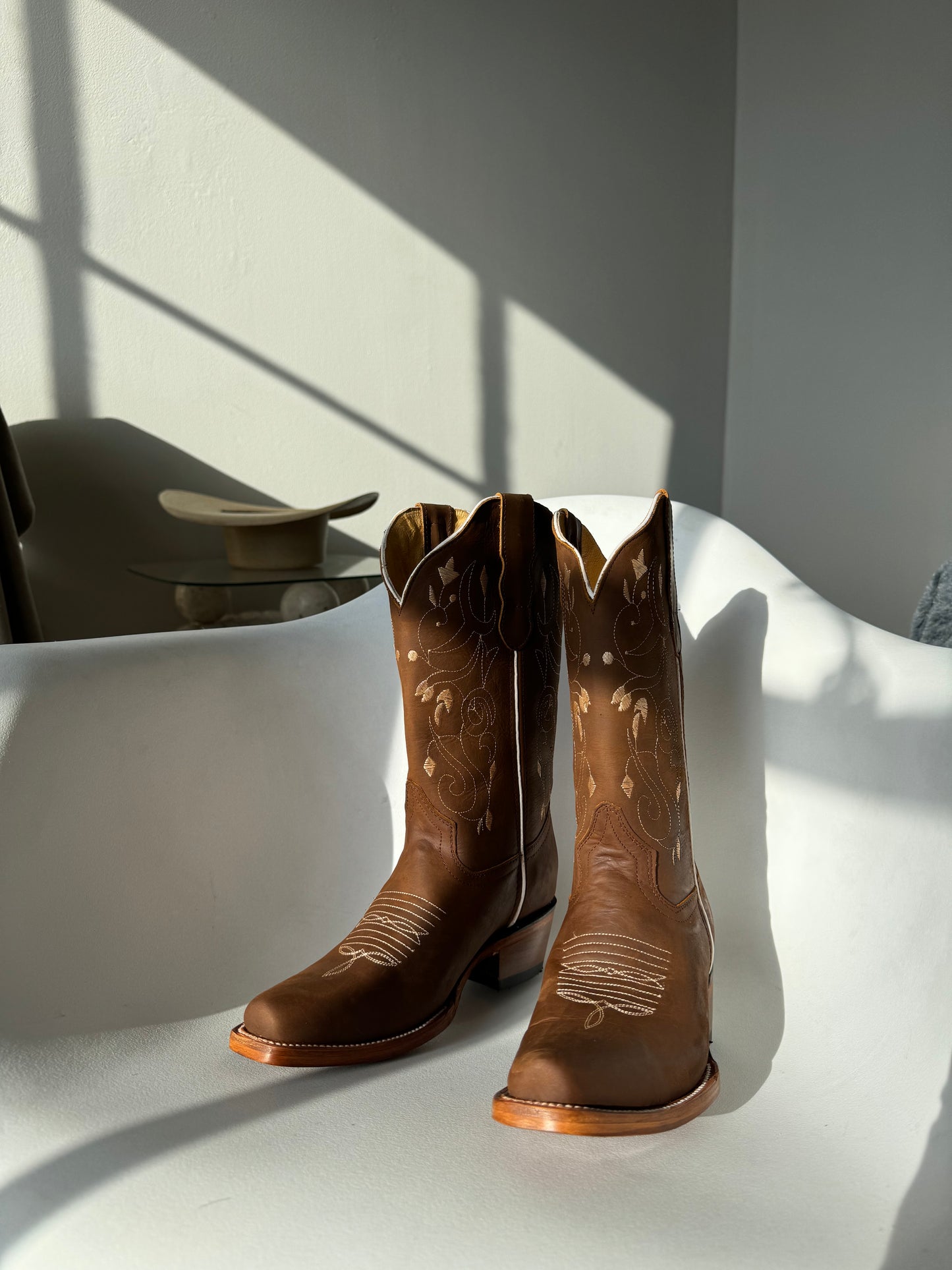 Sadie Genuine Leather Floral Cowboy Boot In Coffee