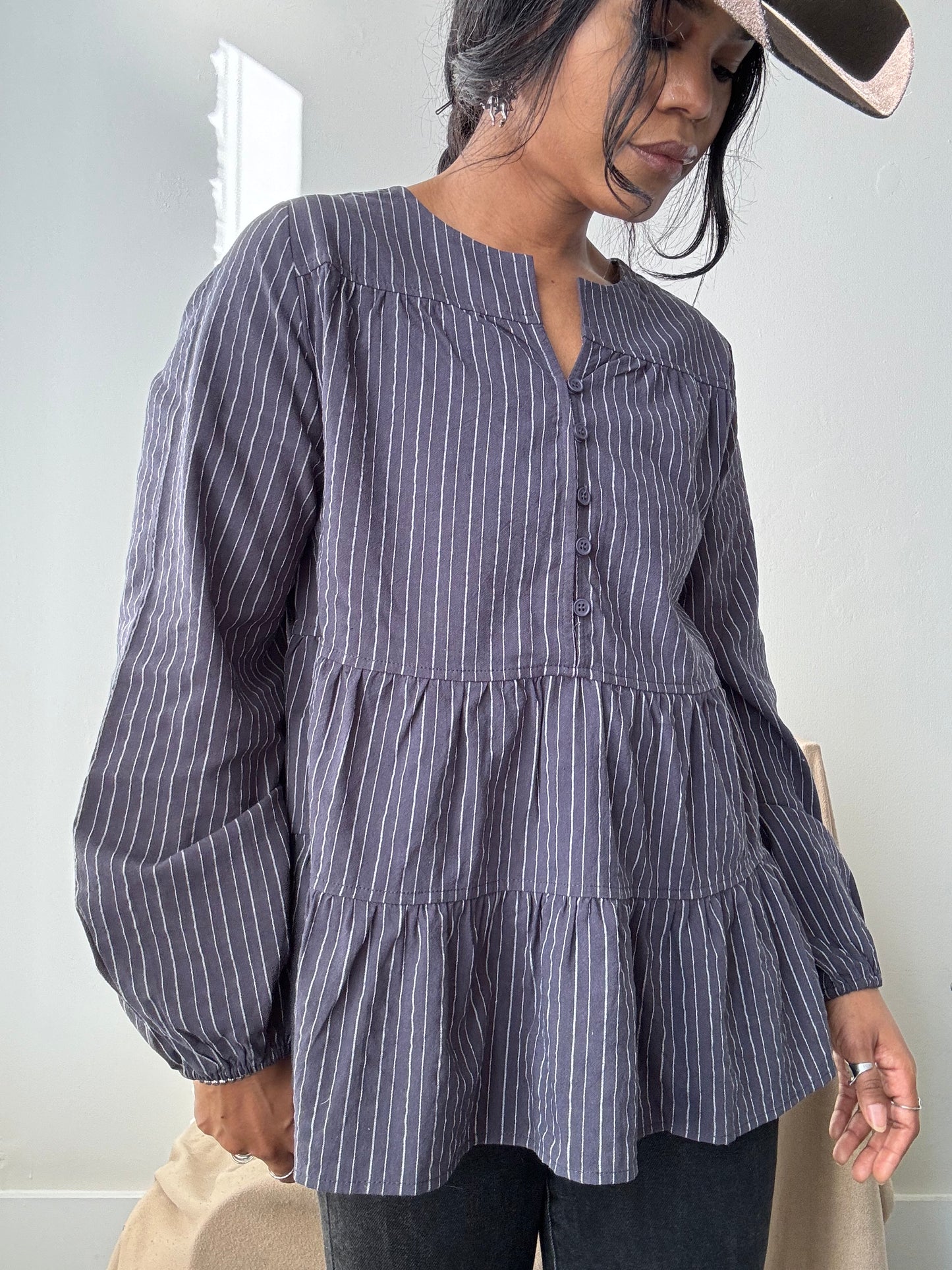 Danny Cotton Tiered Striped Tunic In Vintage Navy