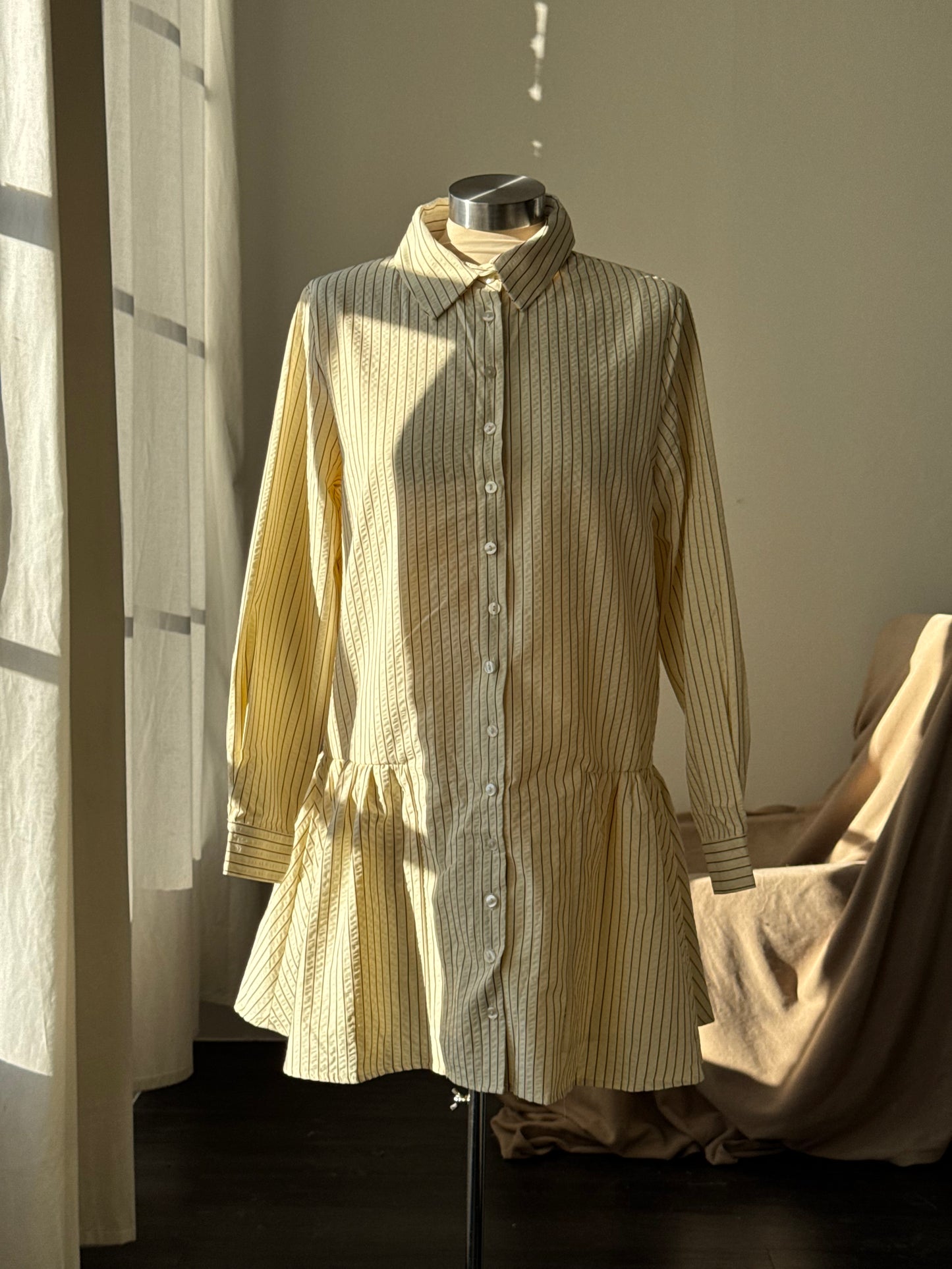 Cynthia Cotton Button Down Long Sleeve Striped Dress In Vanilla & Brown￼