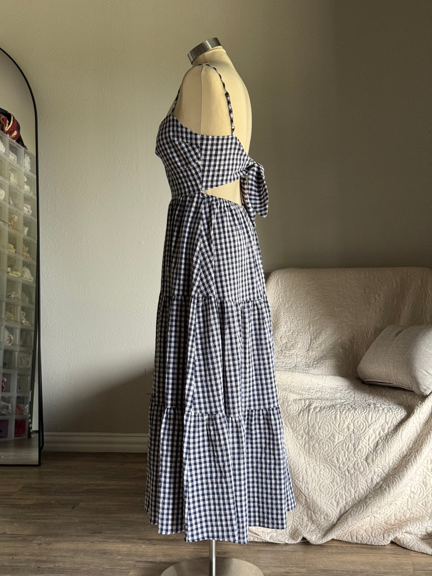 Mary Cotton Gingham Open Back Maxi Dress In Midnight Navy