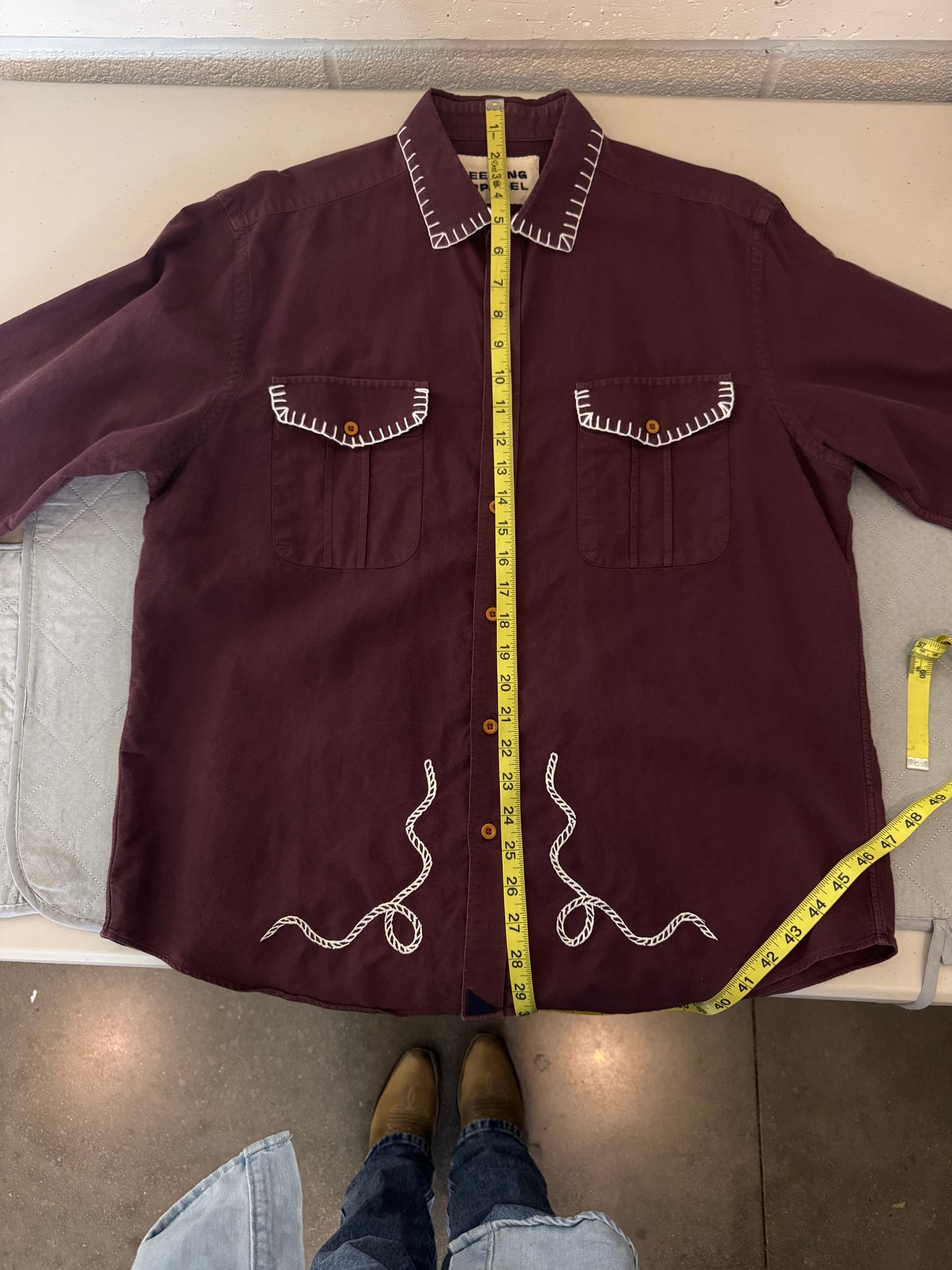 Michael Handcrafted Cowboy Blanket Stitch Embroidered Button Down In Red Brown