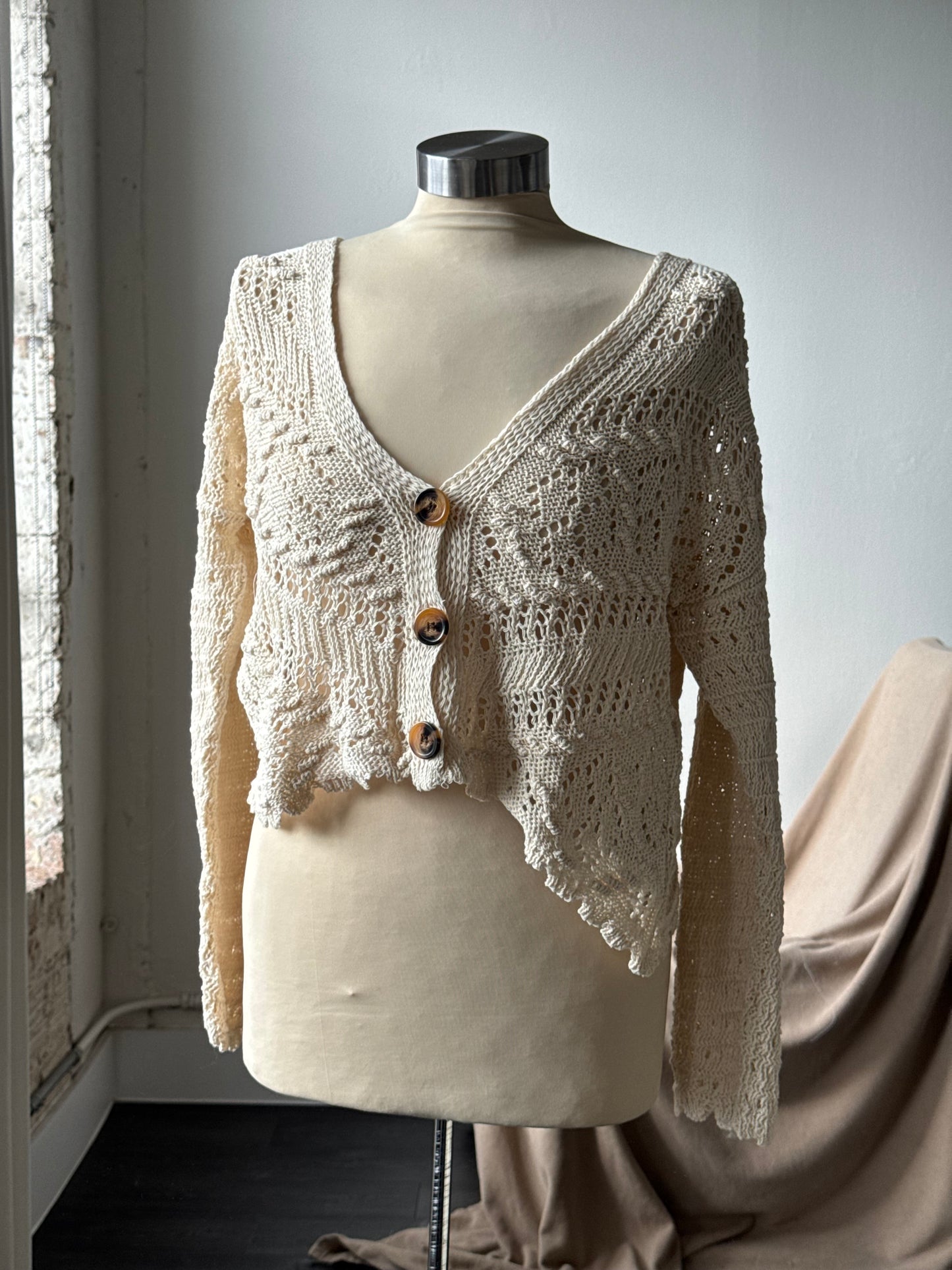 Charlie Cotton Crochet Spring & Summer Cardigan In Natural