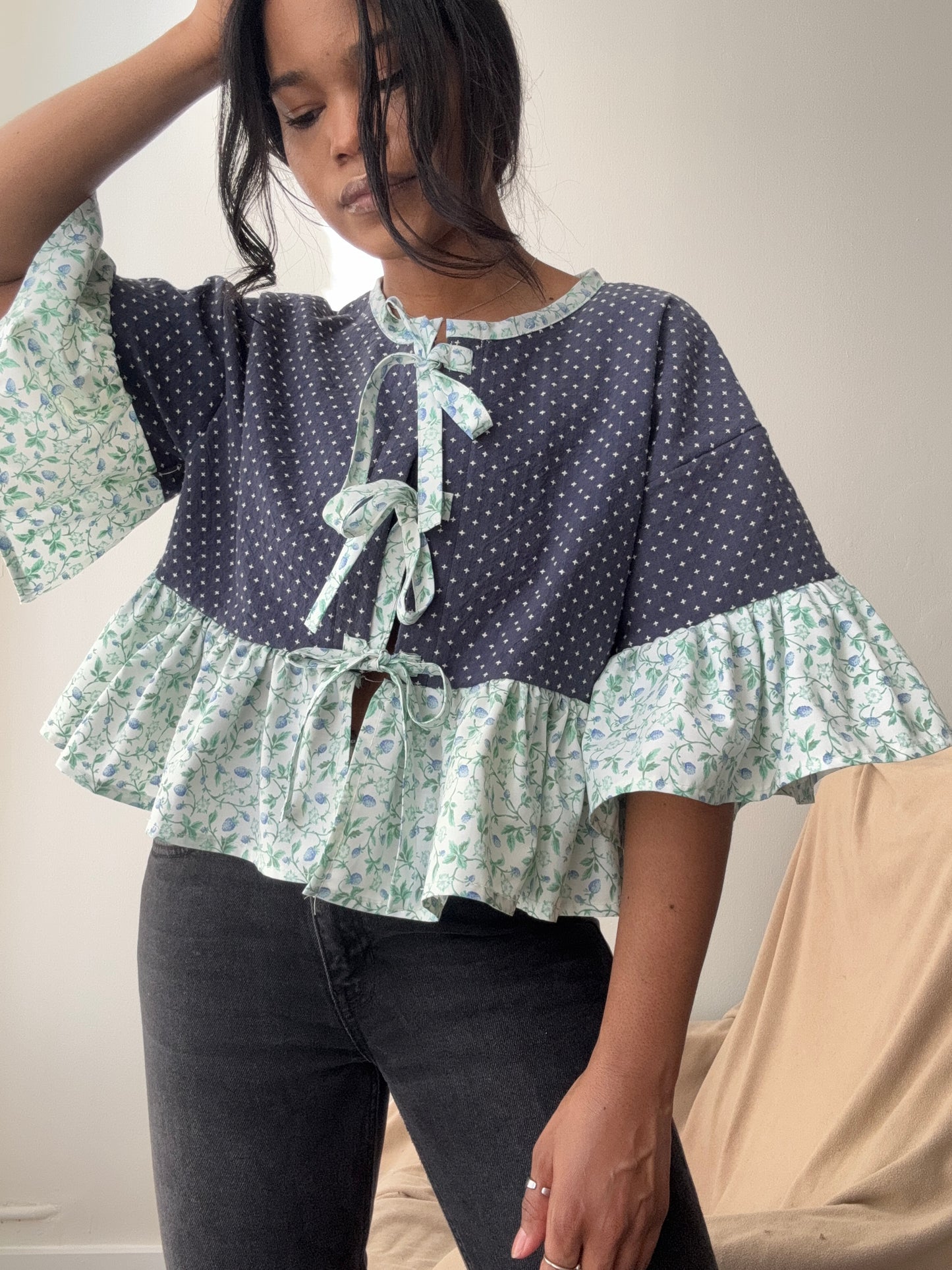 Brenda Vintage Cotton Handcrafted Ruffle Top In Navy