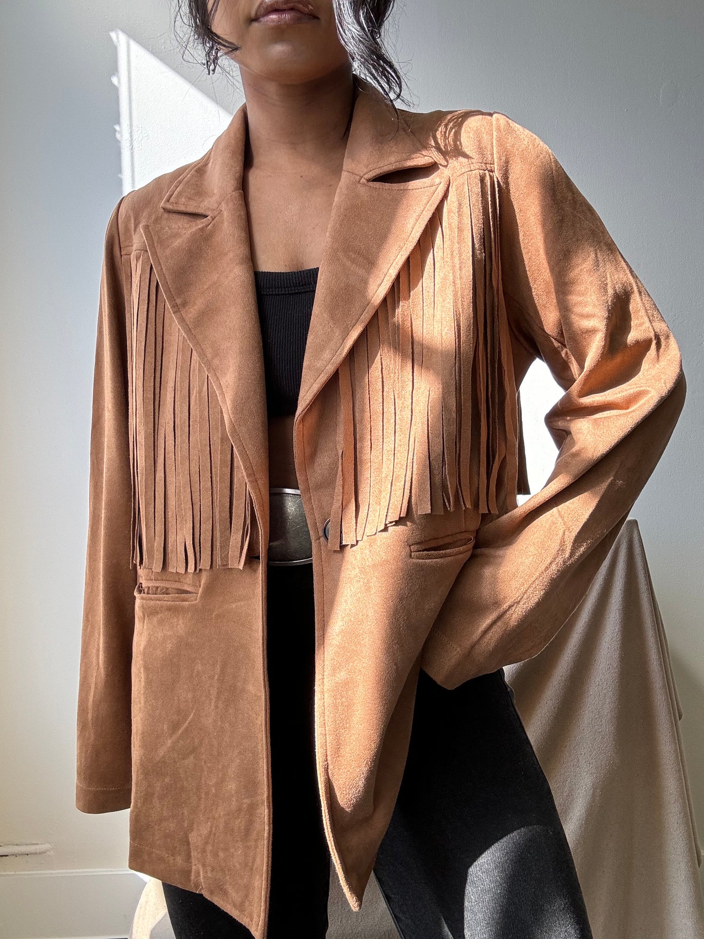 Booker Fringe Suede Modern Western Blazer In Camel