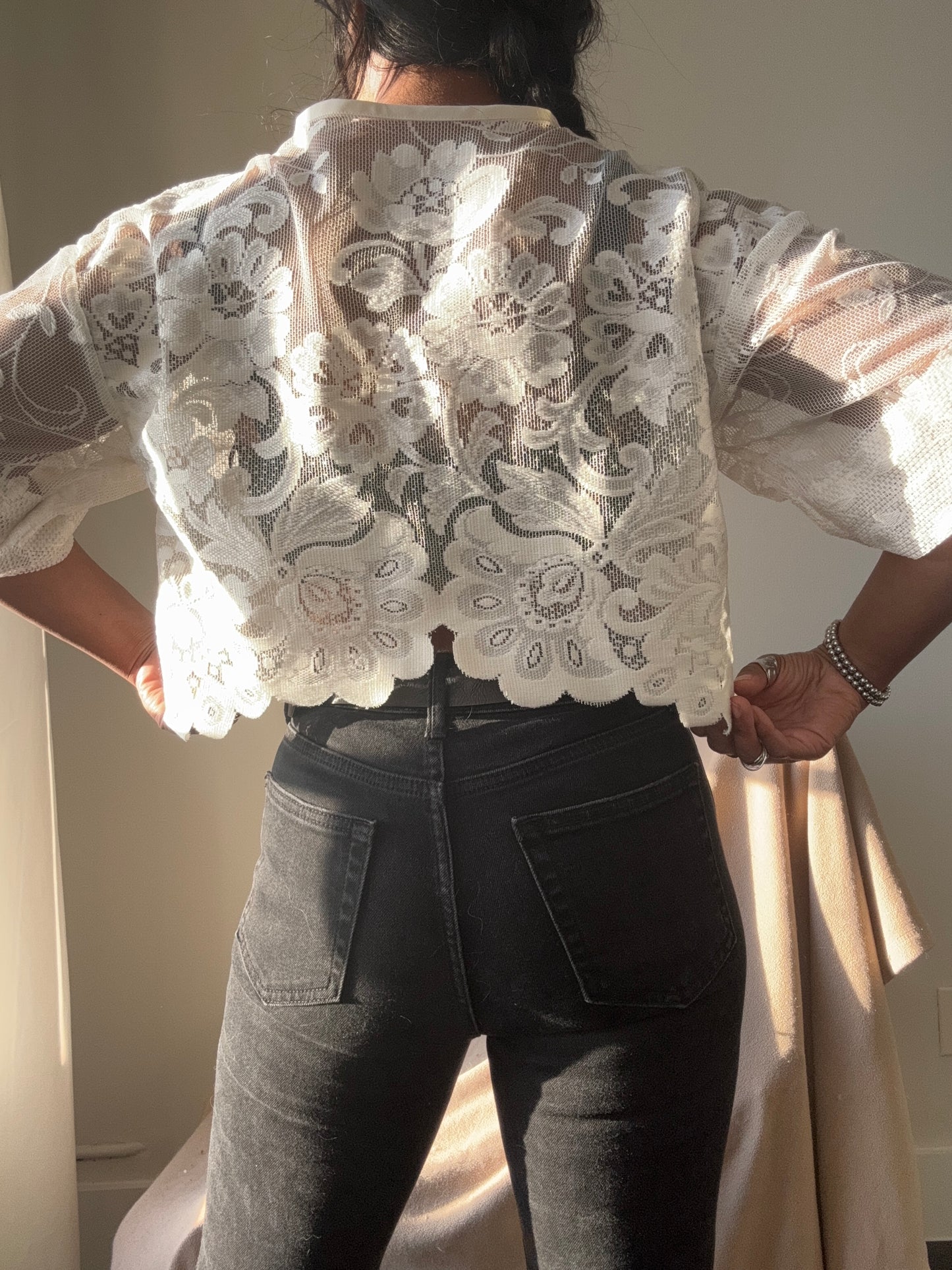 Roberta Handcrafted Vintage Lace Tie Top In Ivory