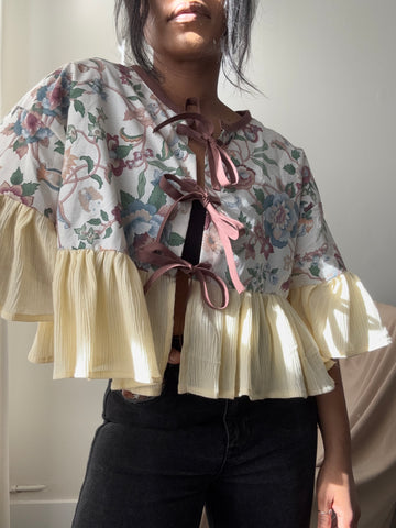 Joyce Cotton Handmade Floral & Ruffle Top In Vintage Cream