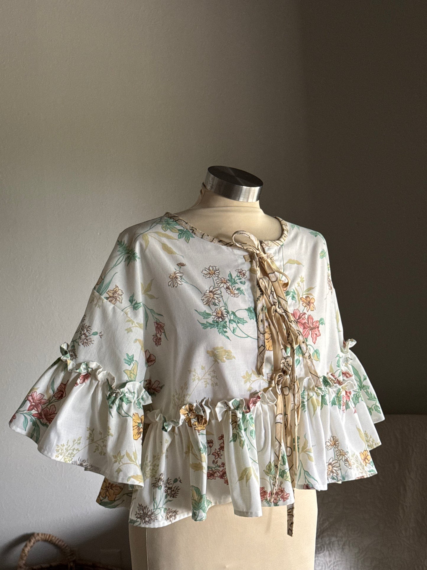 Joycie Vintage Cotton Handcrafted Floral Ruffle Tie Top