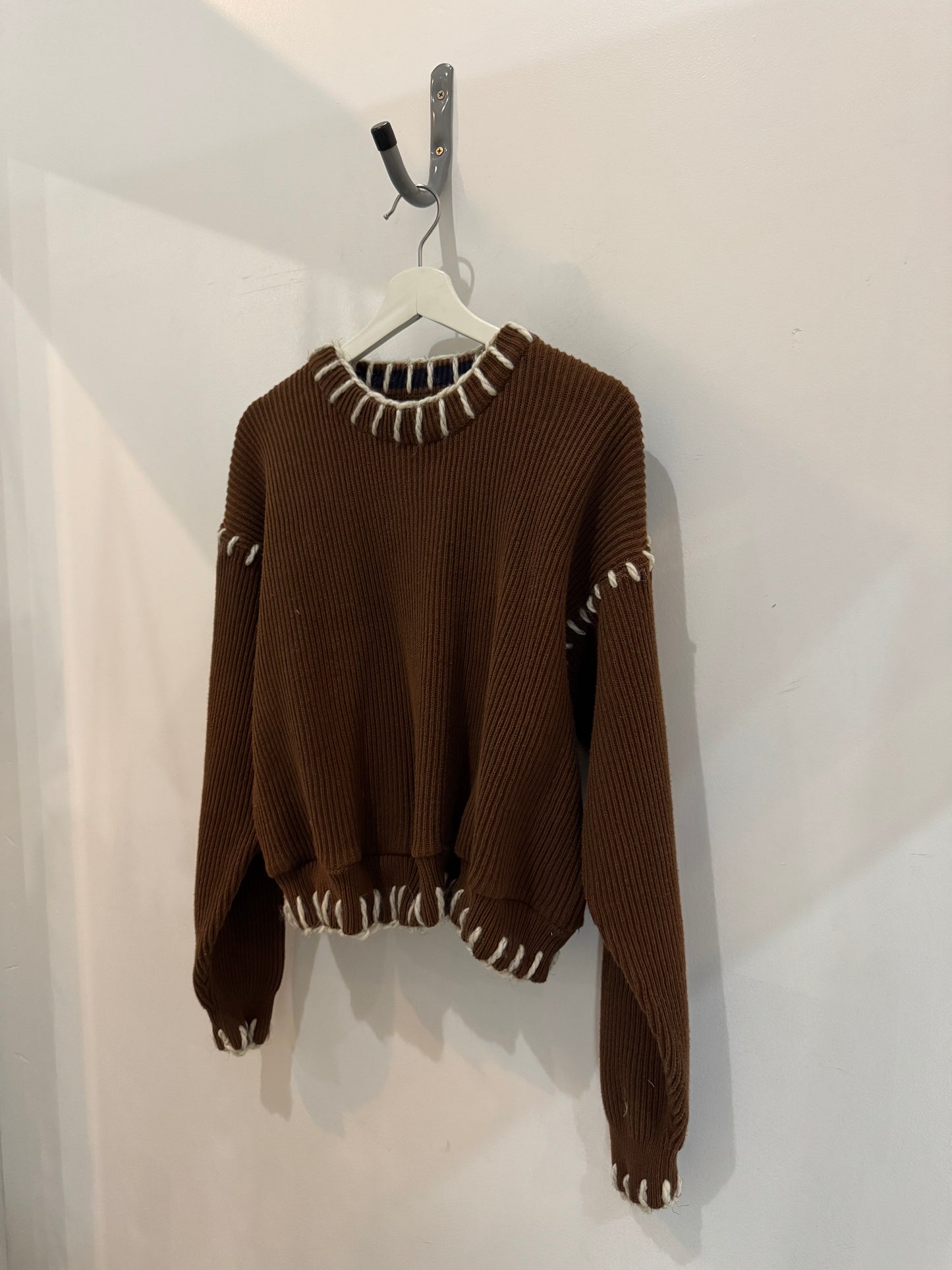 Sloppy Joe Handcrafted Cowboy Blanket Stitch Chunky Sweater In Brown