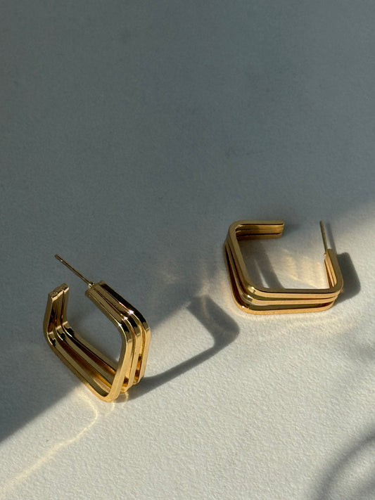 Tri Layered Square Hoop Earring In Gold
