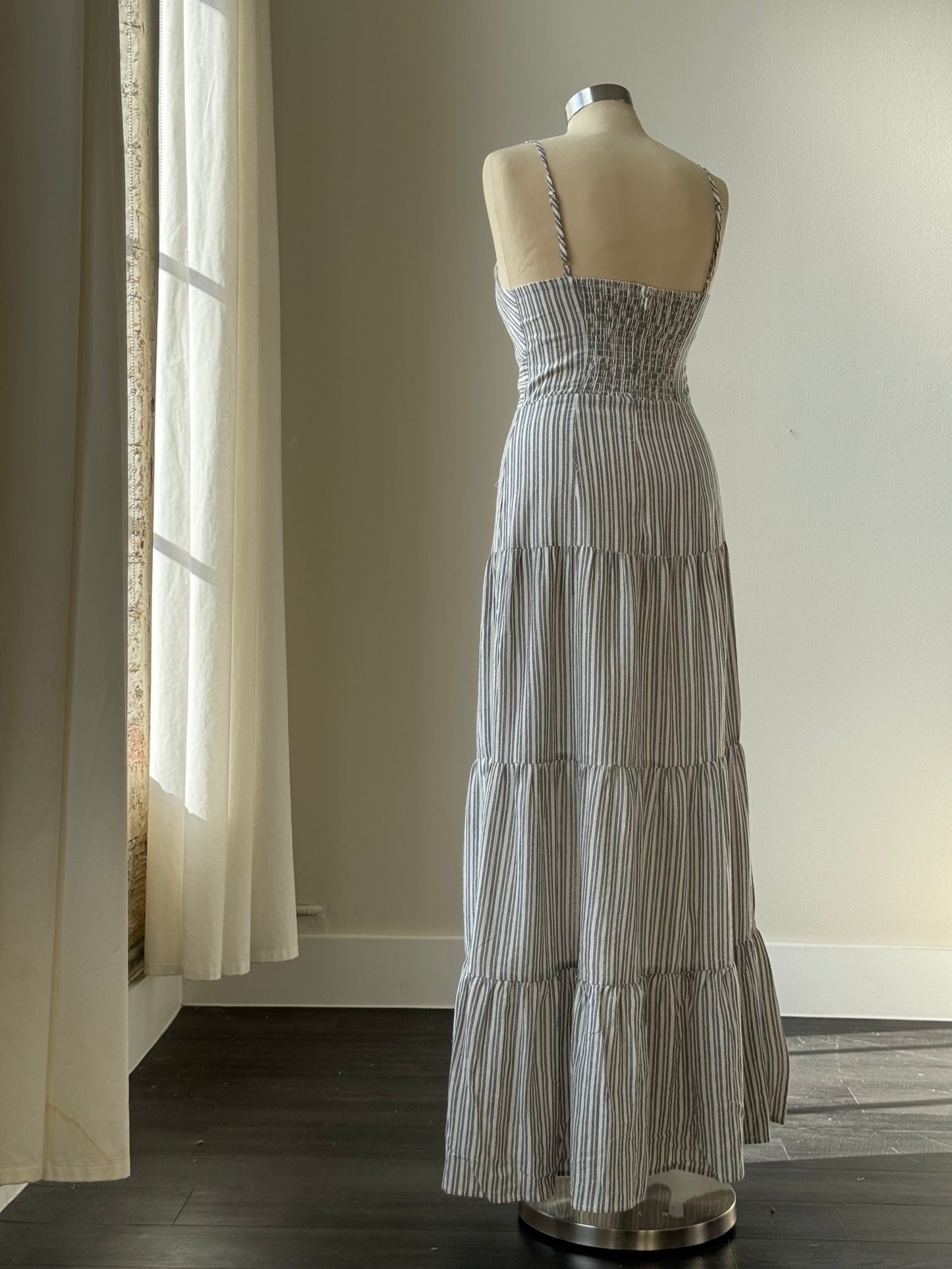 Hilda Cotton Linen Striped Maxi Dress In Navy