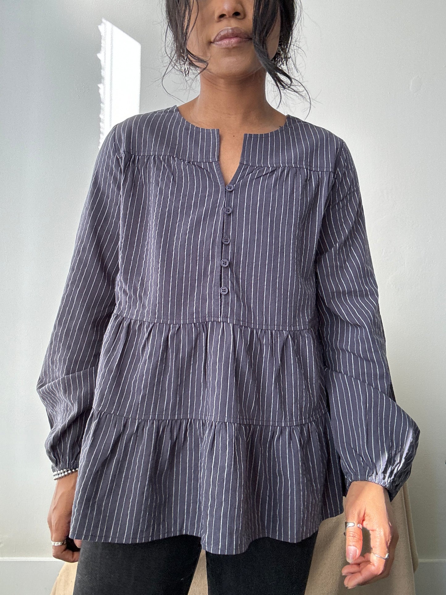 Danny Cotton Tiered Striped Tunic In Vintage Navy