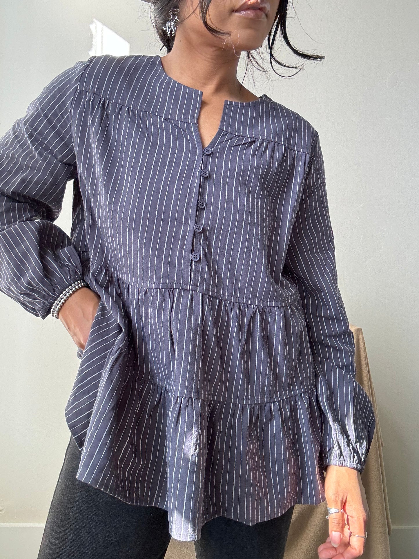 Danny Cotton Tiered Striped Tunic In Vintage Navy