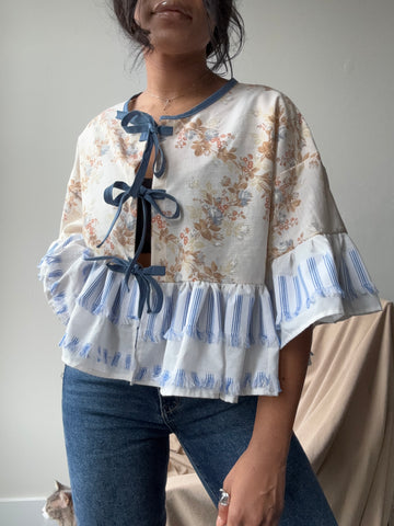 Joycie Cotton Handmade Floral & Fringe Ruffle Top In Vintage Blue