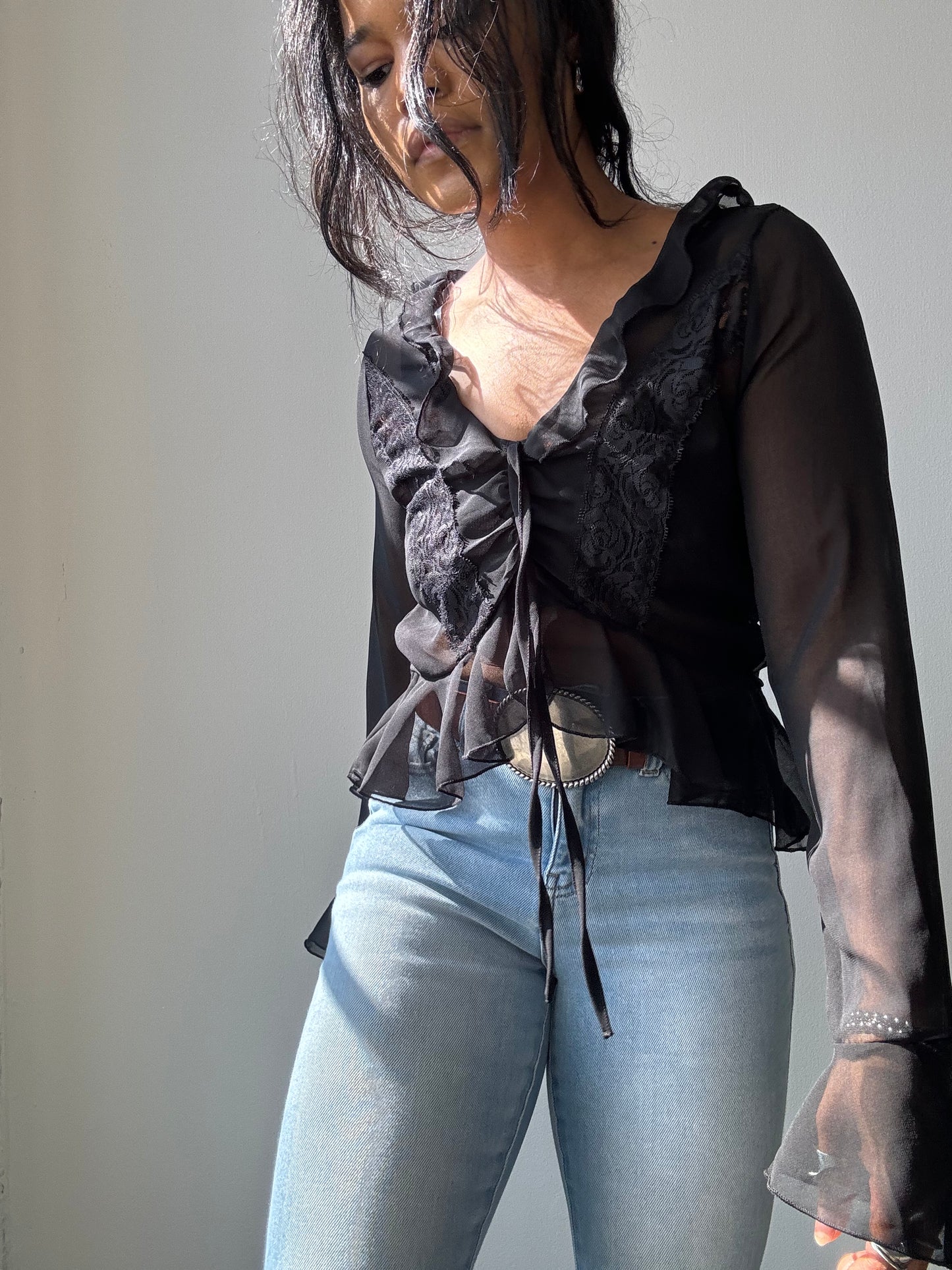 Melody Sheer Lace Tie Front Ruffled Top In Black