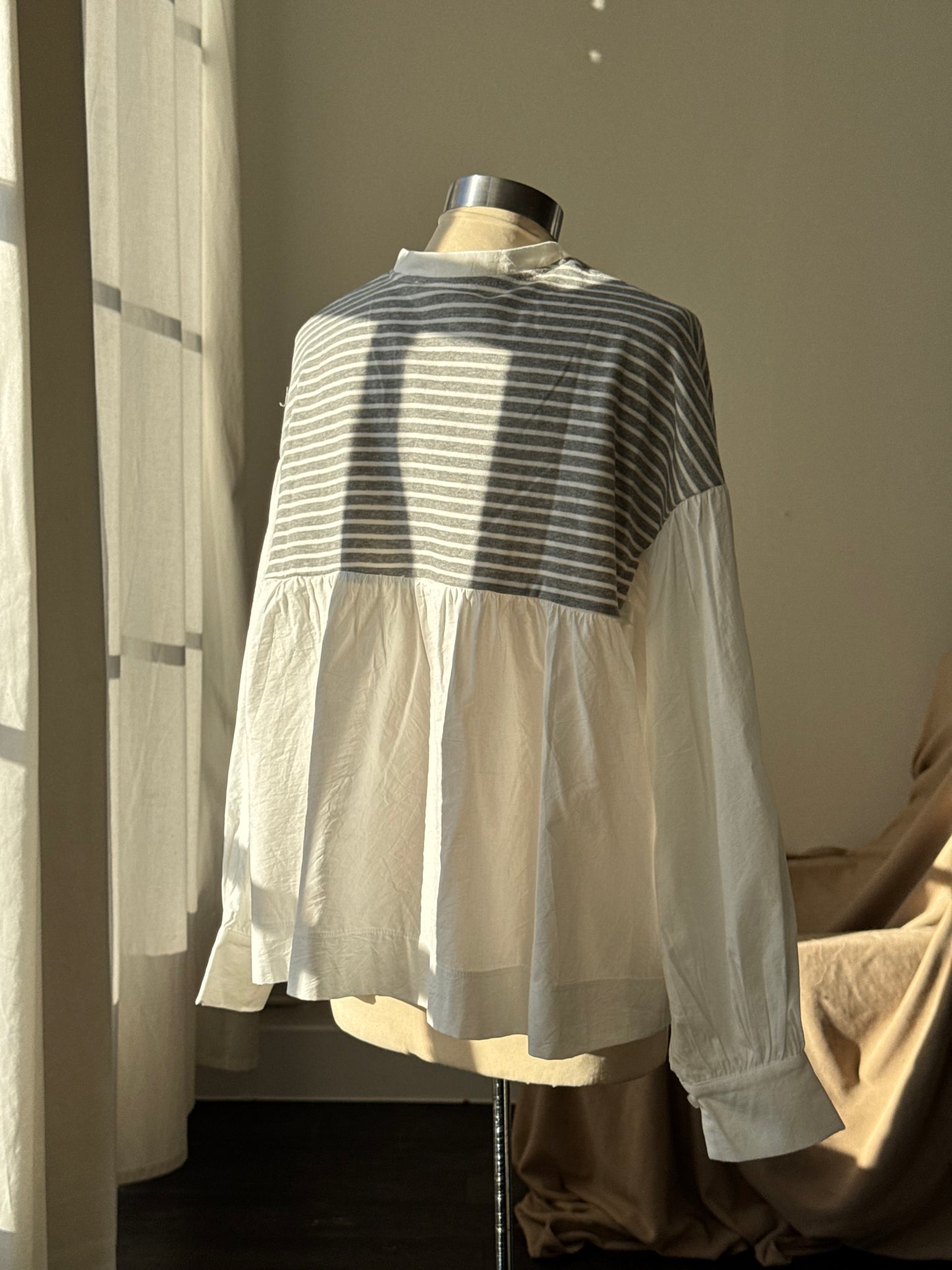 Chasity Cotton Mock Tie Neck Striped Two Tone Top In Grey￼