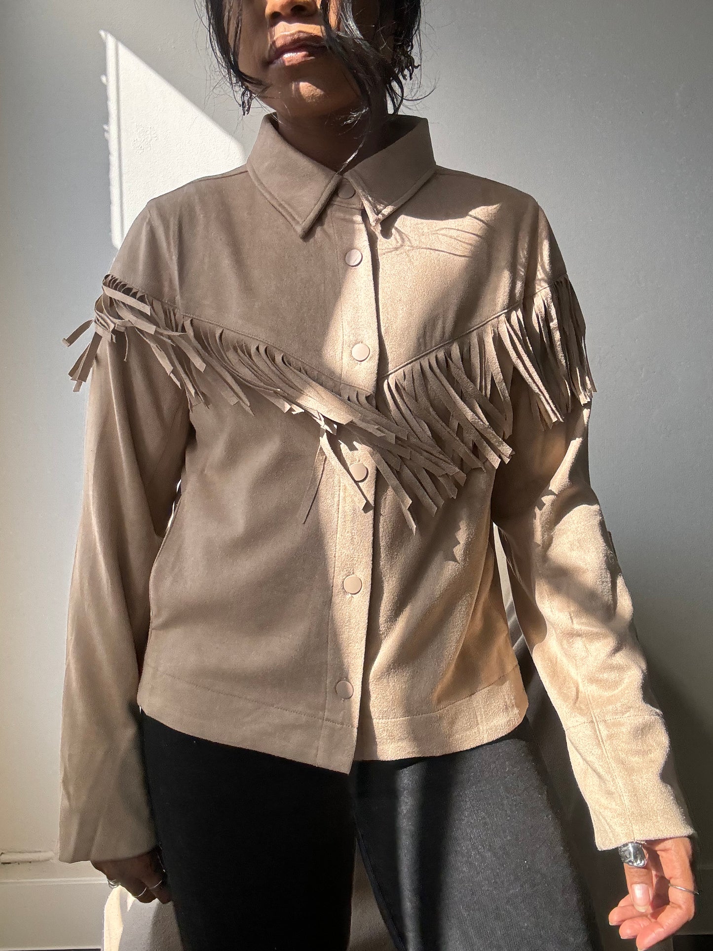 Brooks Cropped Fringe Suede Modern Western Shacket In Taupe