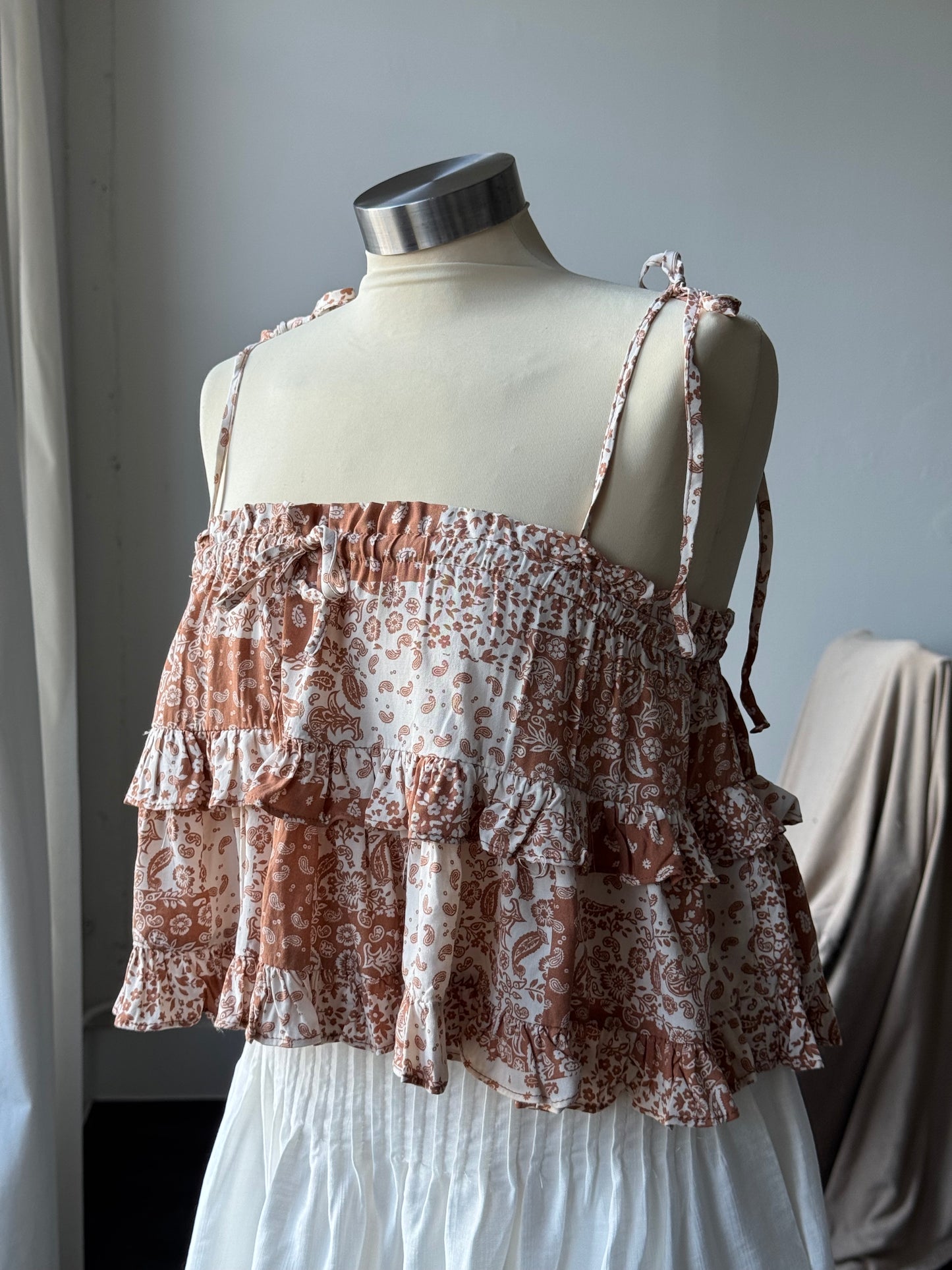 Terry Paisley Patch Bandana Ruffle Top In Red Canyon