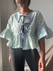 Joycie Vintage Cotton Handcrafted Ruffle Top In Green (2nd)