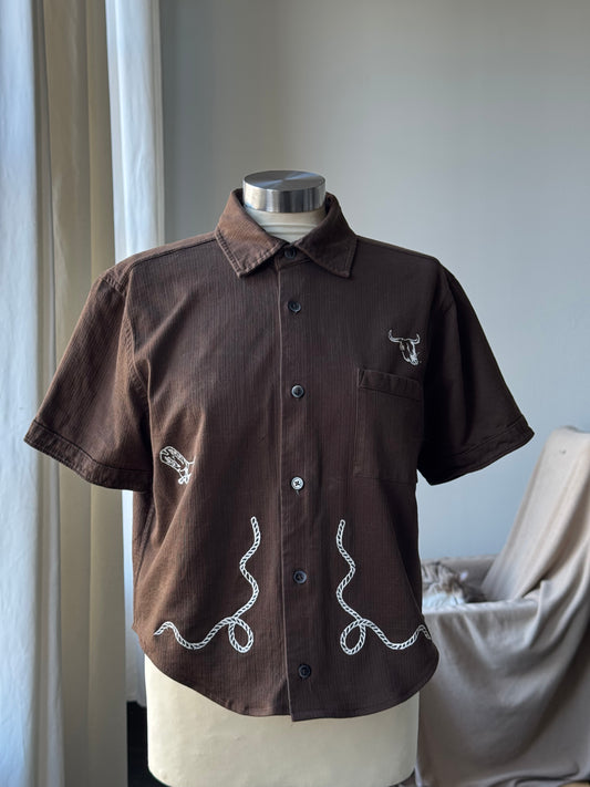 Judy Handcrafted Sad Songs Cropped Linen Button Down Short Sleeve In Brown