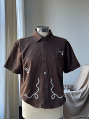 Judy Handcrafted Sad Songs Cropped Button Down Short Sleeve In Brown