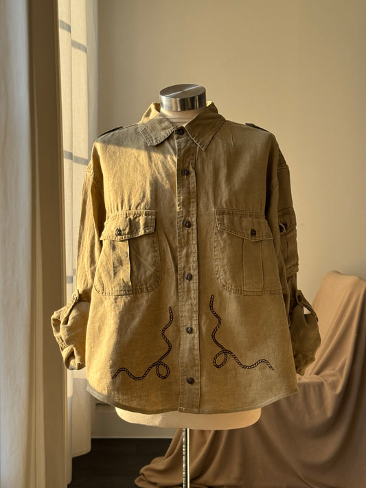 The Lawrence Handcrafted Utility Cropped Linen Button Down Shacket In Sand