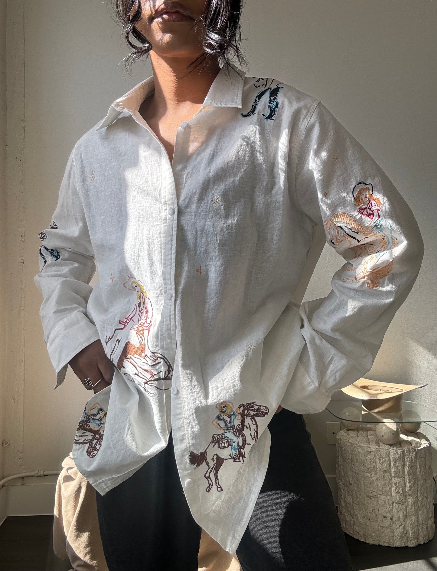 Llewellyn Cotton & Linen Embroidered Cowgirl Button Down