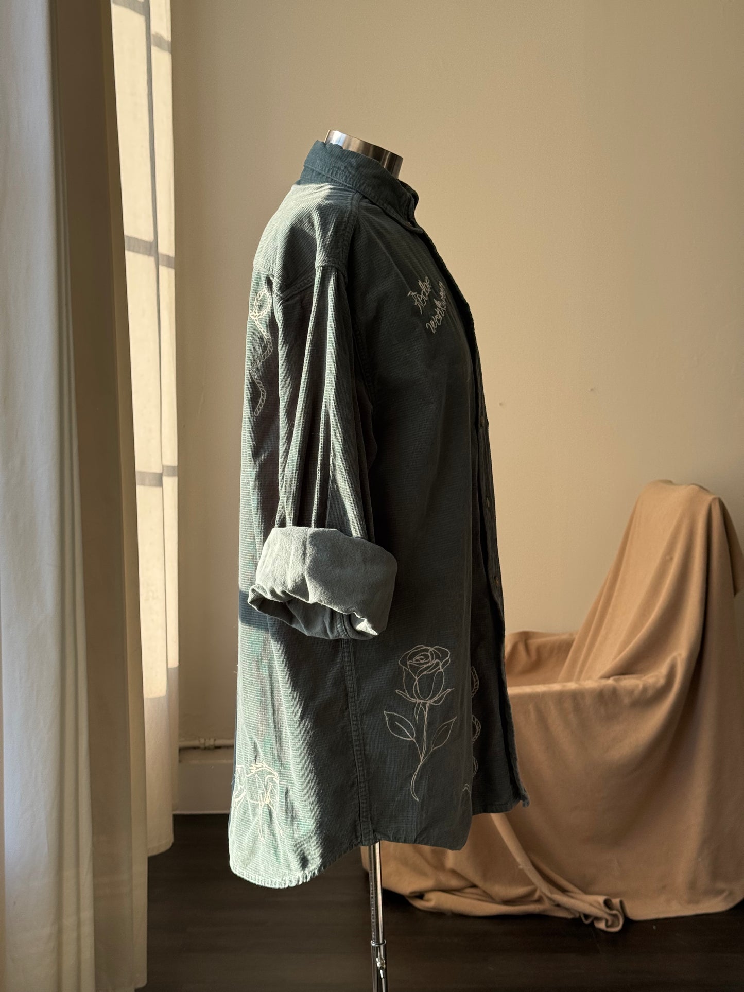 Jaxson Handcrafted Embroidered Rodeo Workwear Shacket In Forest Moss