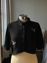 Judy Handcrafted Embroidered Sad Songs Cropped Button Down In Black