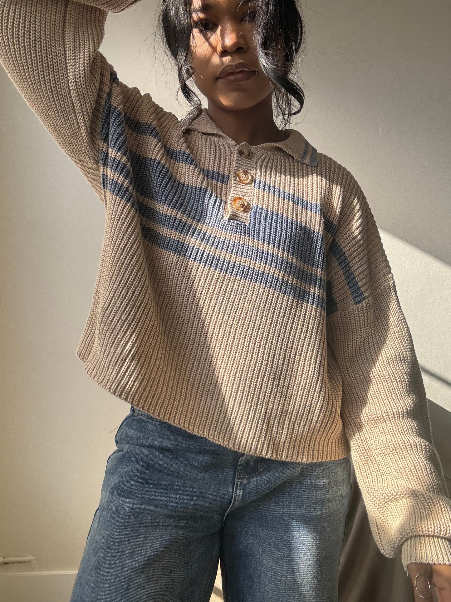 Malcolm Cotton Classic 90s Style Cropped Sweater In Vintage Blue