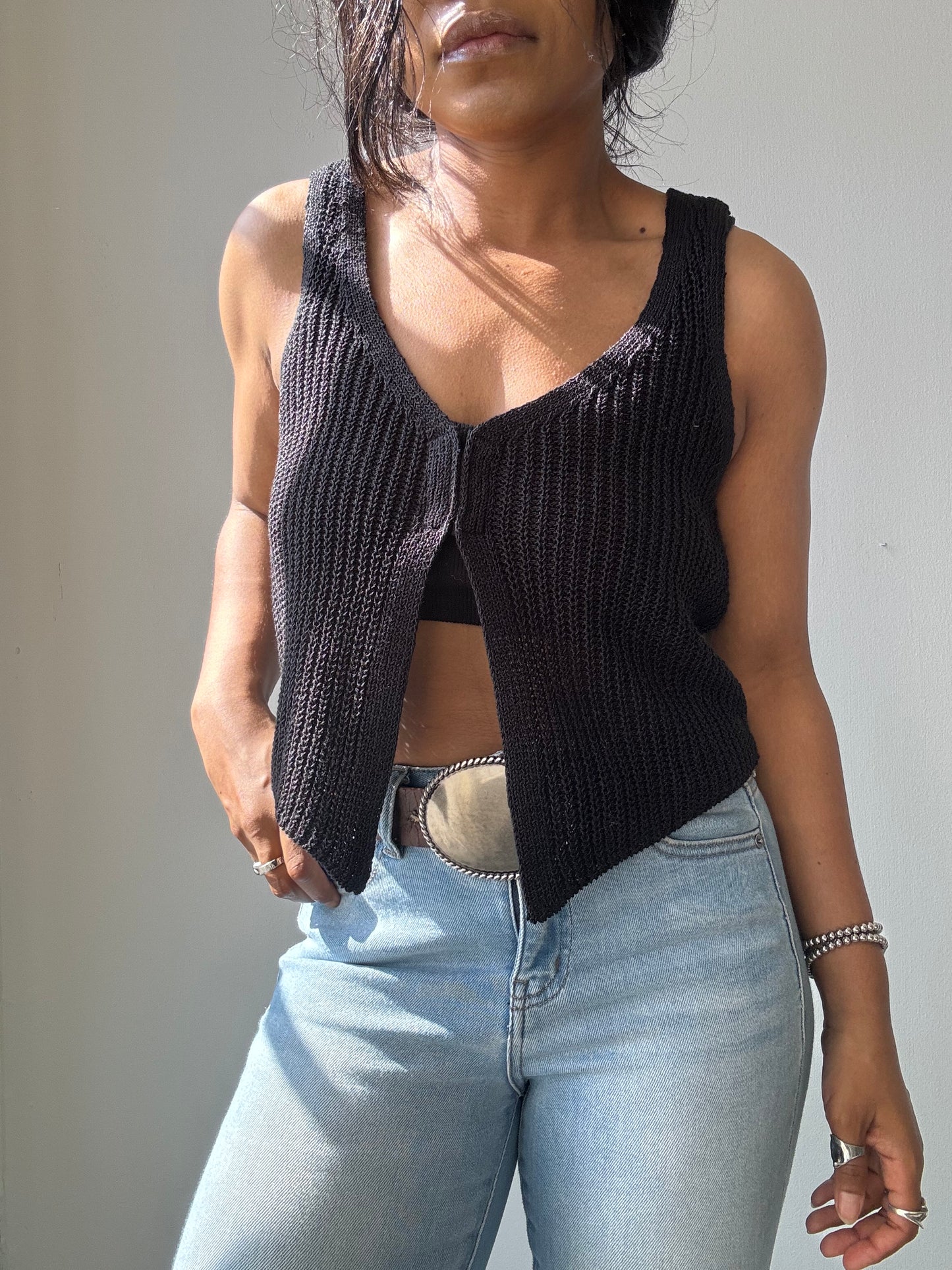 Kayla Crochet Knit Vest In Black