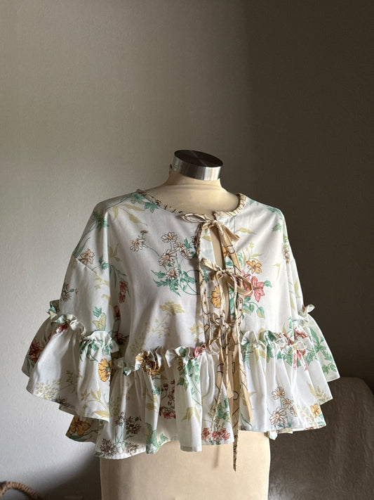 Joycie Vintage Cotton Handcrafted Floral Ruffle Tie Top