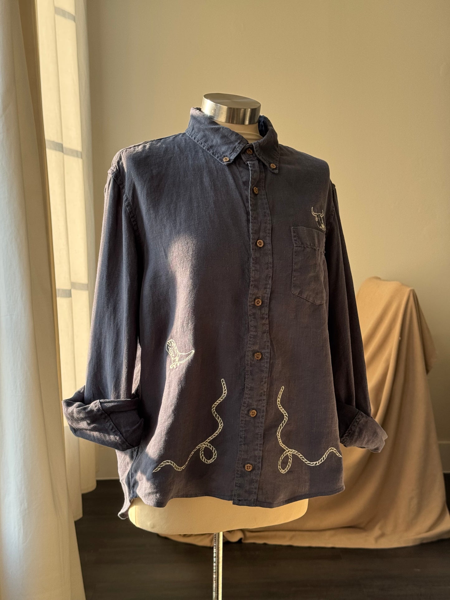 Lawrence Handcrafted Sad Songs Linen Button Down In Vintage Navy
