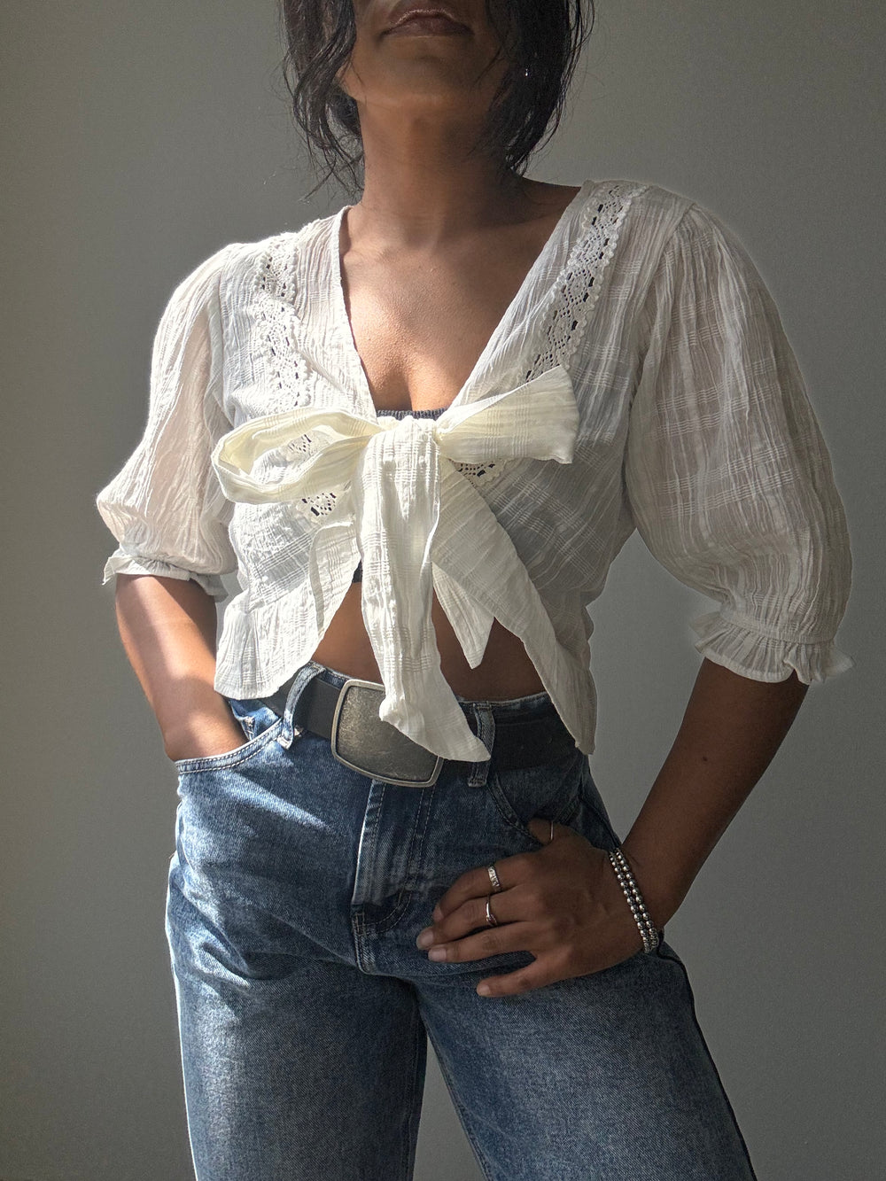 May Cotton Tie Front Crop Top In Ivory