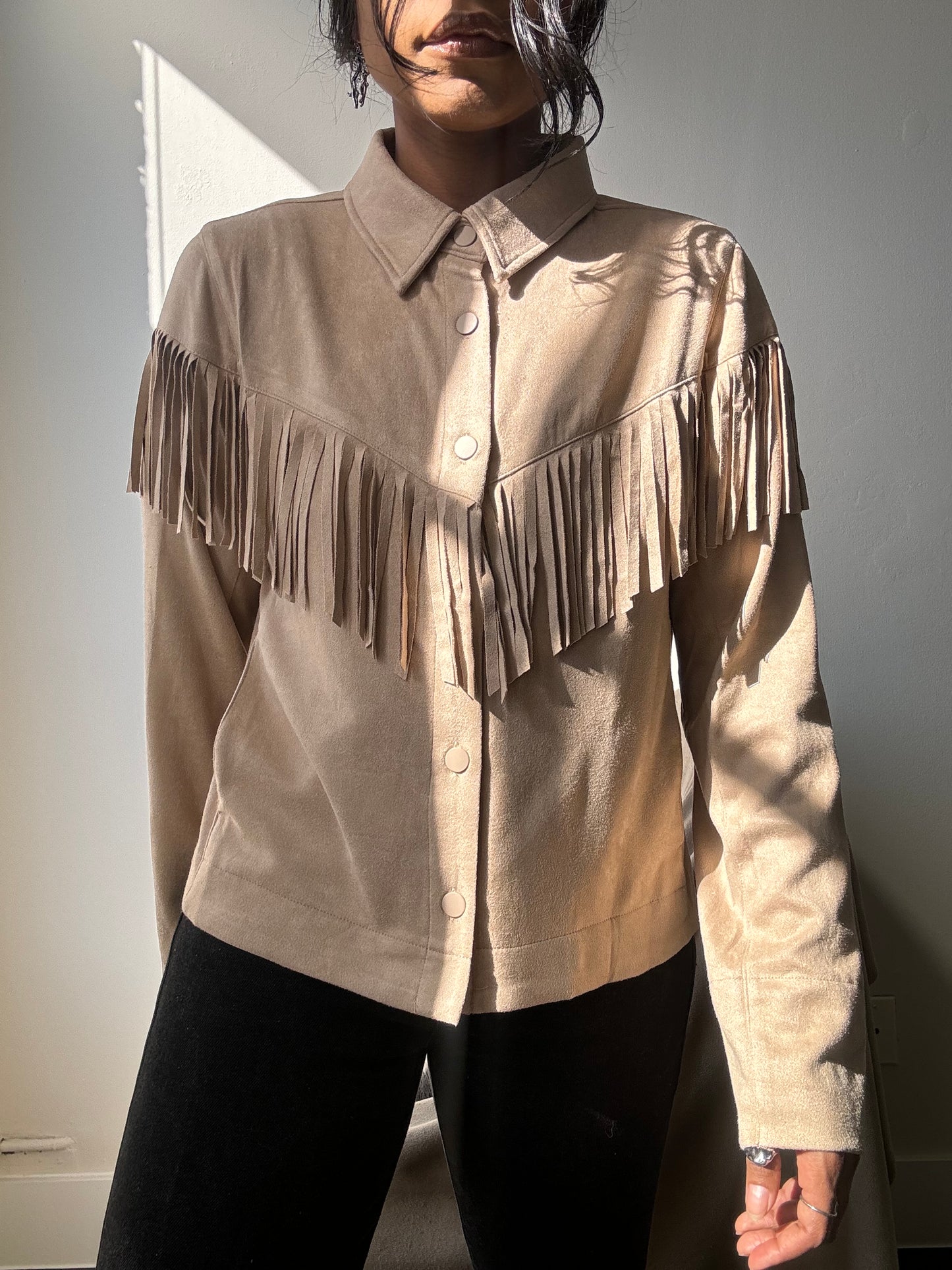 Brooks Cropped Fringe Suede Modern Western Shacket In Taupe