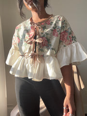 Joycie Vintage Cotton Handcrafted Ruffle Top In Roses (1st)