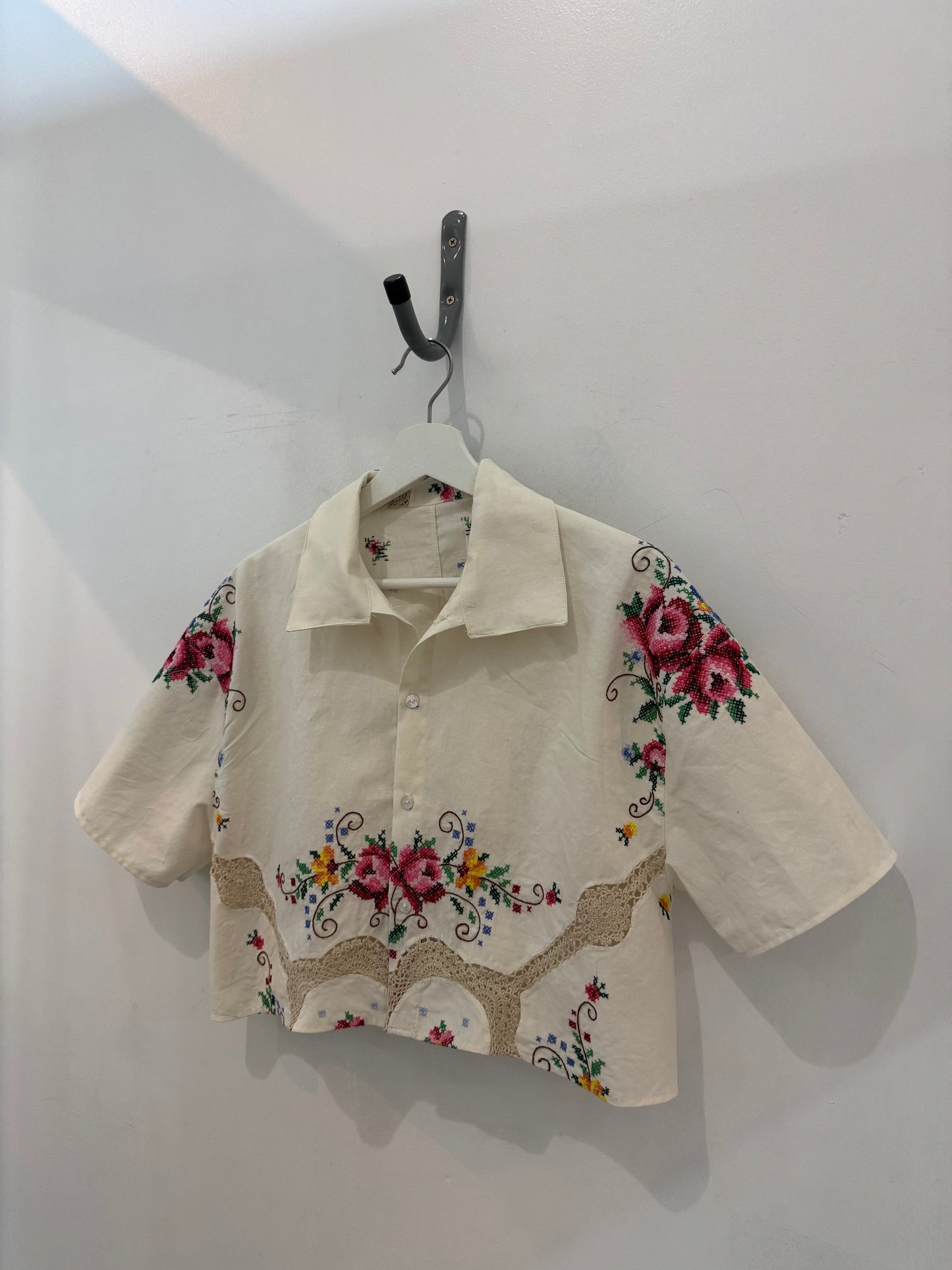 Judy Handcrafted Vintage Embroidered Crochet Cropped Button Down