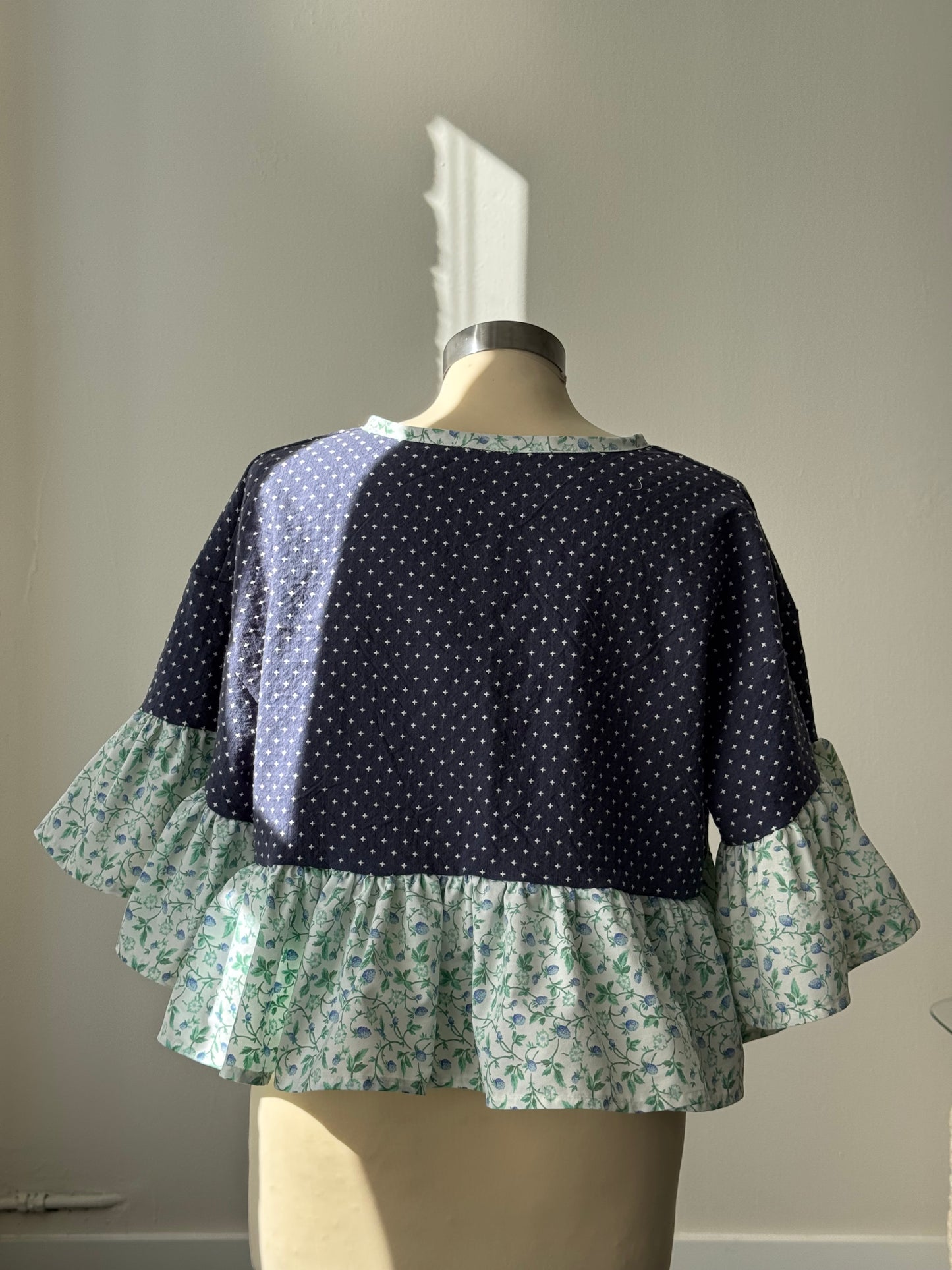 Brenda Vintage Cotton Handcrafted Ruffle Top In Navy