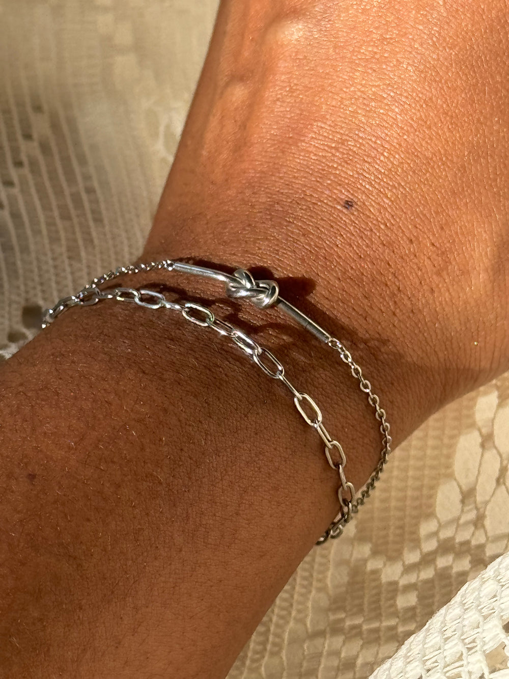 Phyllis 18k Stainless Steel Waterproof  Forget Me Knot Layered Bracelet In White Gold Silver ￼