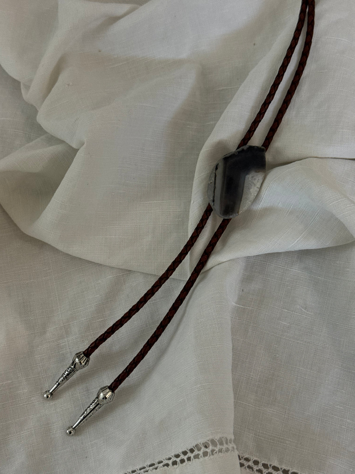 Handcrafted Agate Bolo Tie In Grey Stone