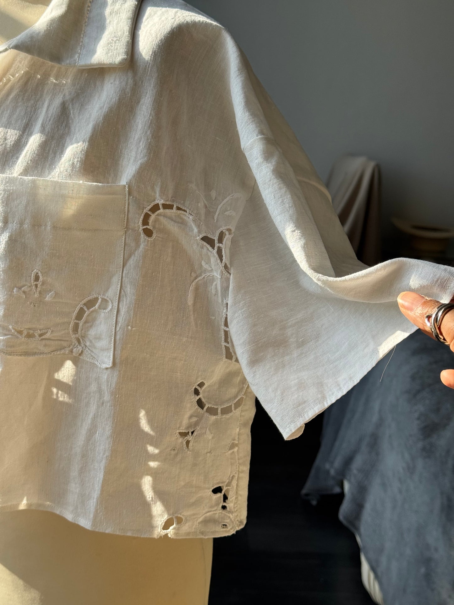 Judy Handcrafted Vintage Tie Front Top In Linen
