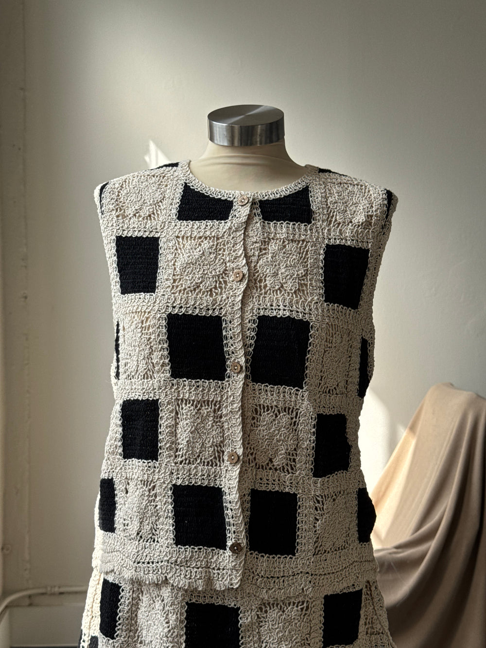 Katie Cotton Crochet Check Button Front Vest In Black